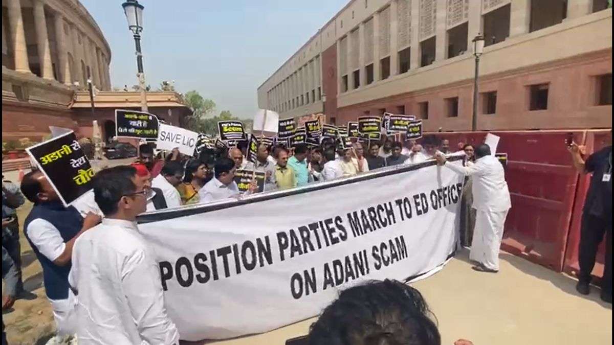 Uproar over Adani issue Parliament proceedings adjourned till 2 pm  opposition march to ED office अडाणी मुद्दे पर हंगामा बढ़ा, संसद की कार्यवाही  स्थगित, ED दफ्तर तक विपक्ष का मार्च - India