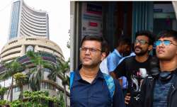 मुंबई में बॉम्बे स्टॉक एक्सचेंज (बीएसई) भवन के बाहर डिस्प्ले पर शेयर बाजार के अपडेट देखते लोग।- India TV Paisa