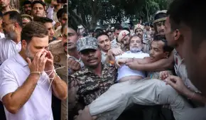 डोरी से बंधे हाथ, गुस्सैल चेहरा, पुलिस लेने आई तो जमीन पर लेट गए; तस्वीरों में देखिए PM आवास के बाहर राहुल गांधी का संघर्ष