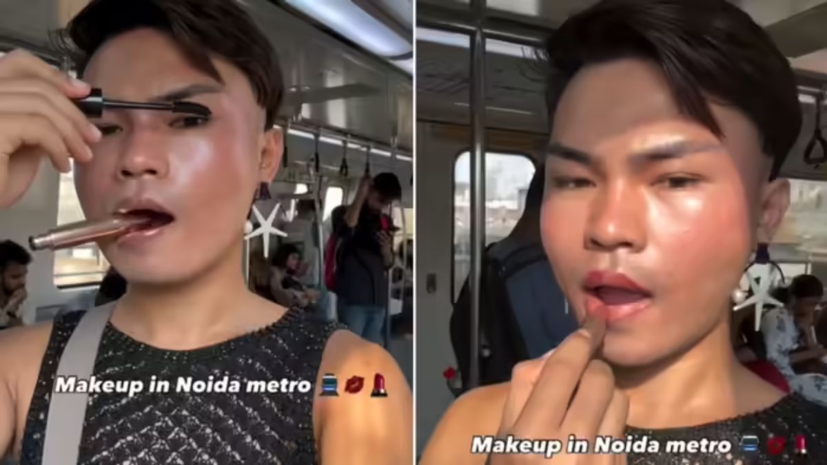 Noida Metro में लड़के को मेकअप करते देख शर्म से पानी-पानी हुए यात्री, Viral Video में देखें रिएक्शन