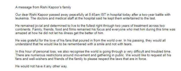 Message from Rishi kapoor's family on his Death