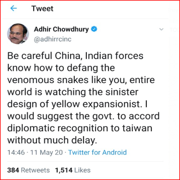 Indian forces know how to defang the venomous snakes like you: Adhir Chowdhury warning to China Indian forces know how to defang the venomous snakes like you: Adhir Chowdhury warning to China