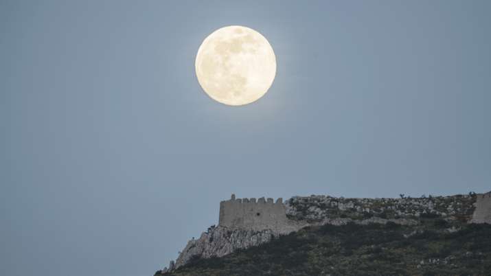 the castle of Acrocorinth, the acropolis of ancient Corinth, supermoon