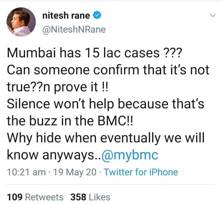 Mumbai has 15 lakh coronavirus cases, claims BJP leader Nitesh Rane