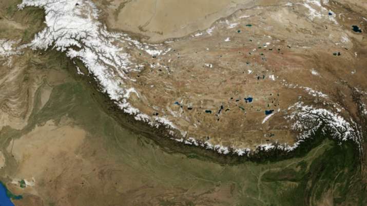 The Himalayan arc, as photographed by the NASA Landsat 7 satellite