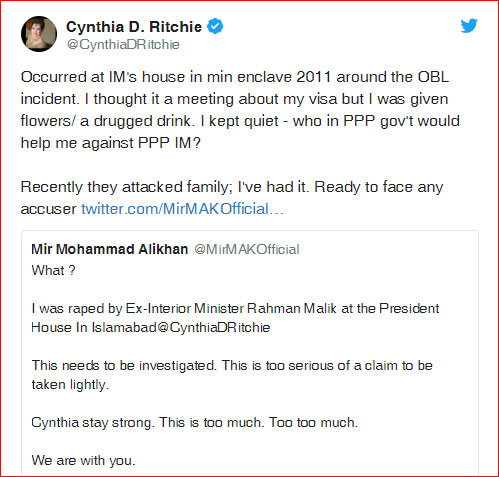 US blogger Cynthia Ritchie claims PPPs Rehman Malik raped her in 2011