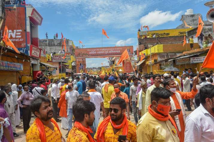 Devotees gather to attend the Bhoomi Pujan for the construction of Ram Temple, at Ram Janambhoomi si