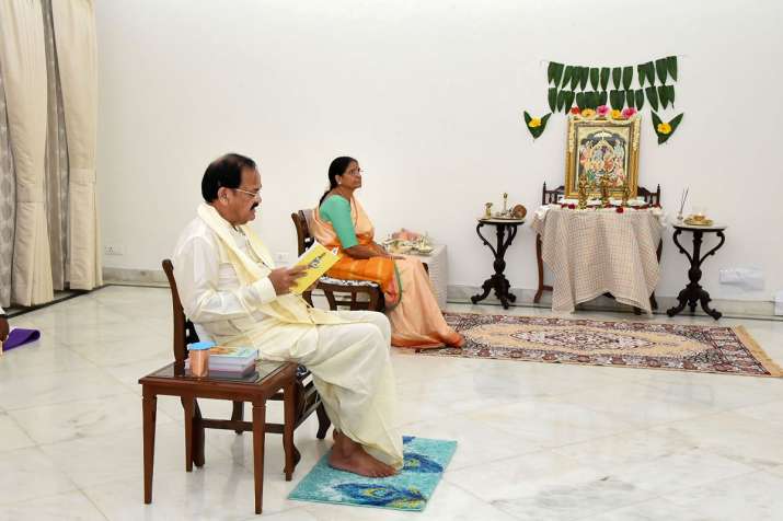 Vice President M Venkaiah Naidu along with his spouse Usha Naidu, reads Ramayana on the occasion of 
