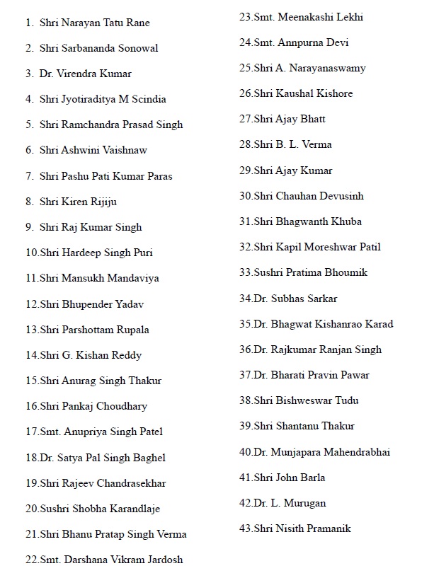 मोदी कैबिनेट में शपथ लेने वाले 43 मंत्रियों के नाम