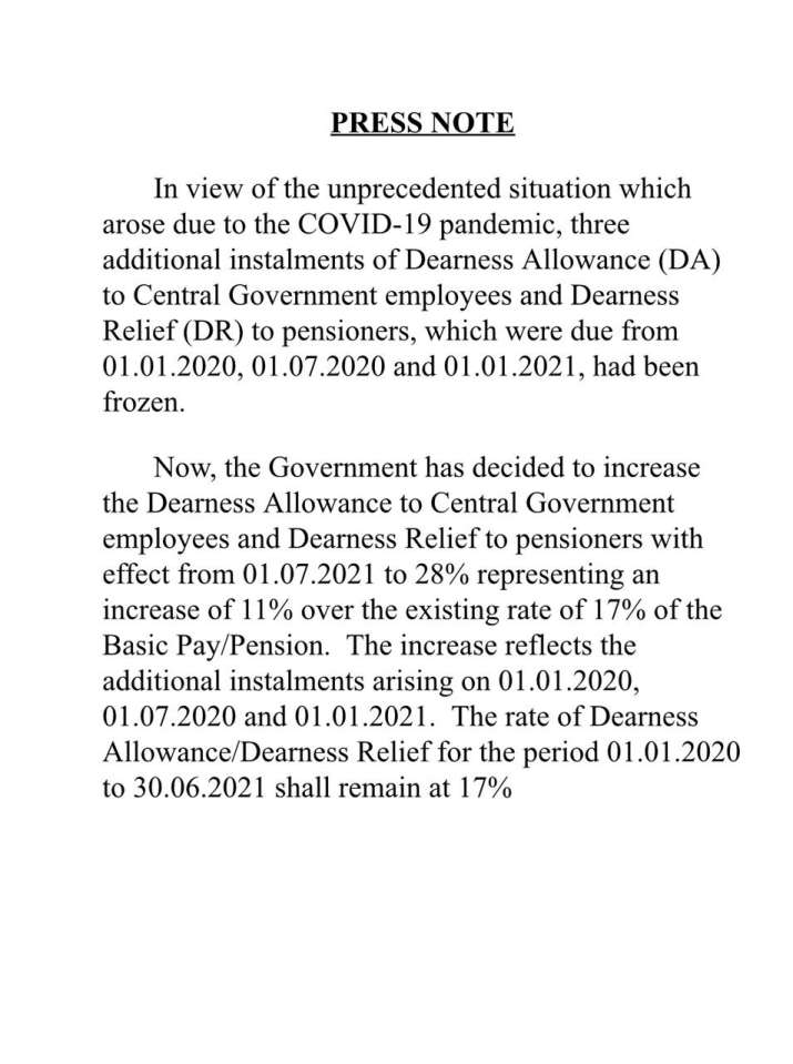 Good News Dearness Allowance for central government employees increased to 28percent from 17percent 