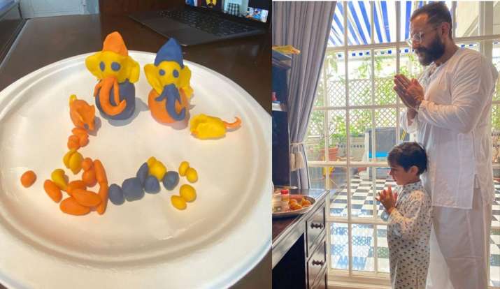 Saif Ali Khan celebrated Ganesh Chaturthi with Kareena kapoor and Taimur  also made Chhote Ganpati-करीना संग सैफ अली खान ने यूं मनाई गणेश चतुर्थी, तैमूर  ने भी बनाए &#39;छोटे गणपति&#39; - हिन्दी