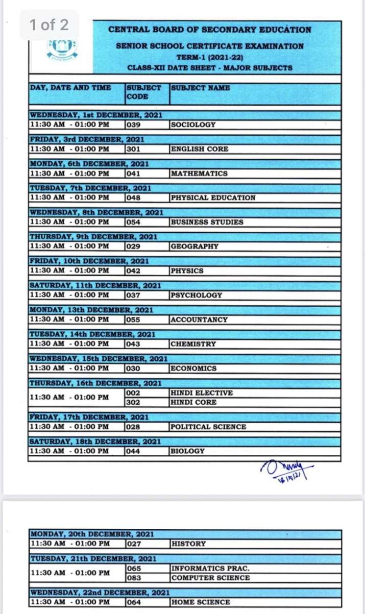 CBSE class 12 Term 1 Date Sheet