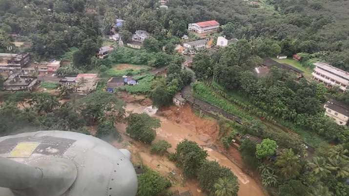Aerial view of the landslide-affected area of Koottikkal in Kottayam district in Kerala.