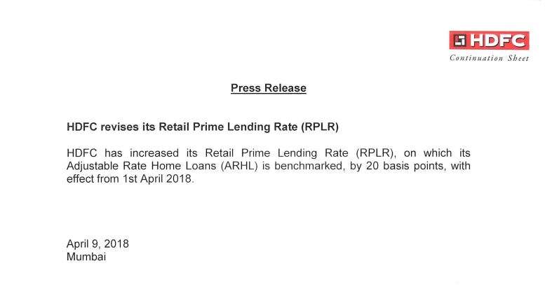 HDFC rises Retail Prime Lending Rate