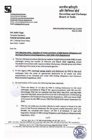 Punjab National Bank receives warning letter from markets regulator SEBI