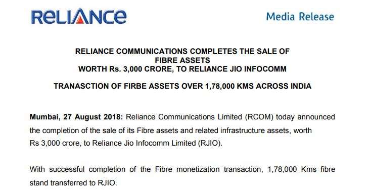 RCom completes fiber asset sale to Reliance Jio