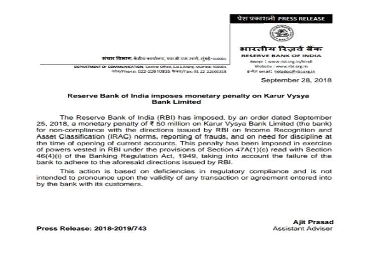 RBI, करूर वैश्य बैंक