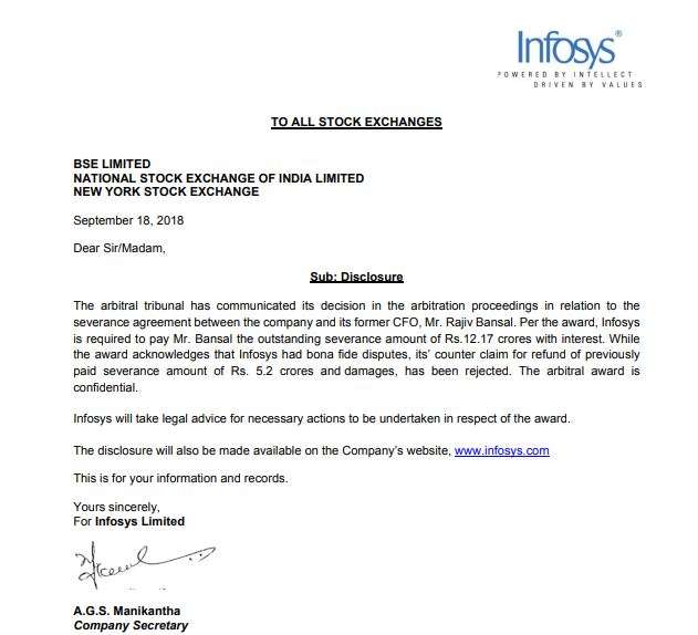Infosys loses arbitration case, required to pay Rajiv Bansal Rs 12.17 crore plus interest 