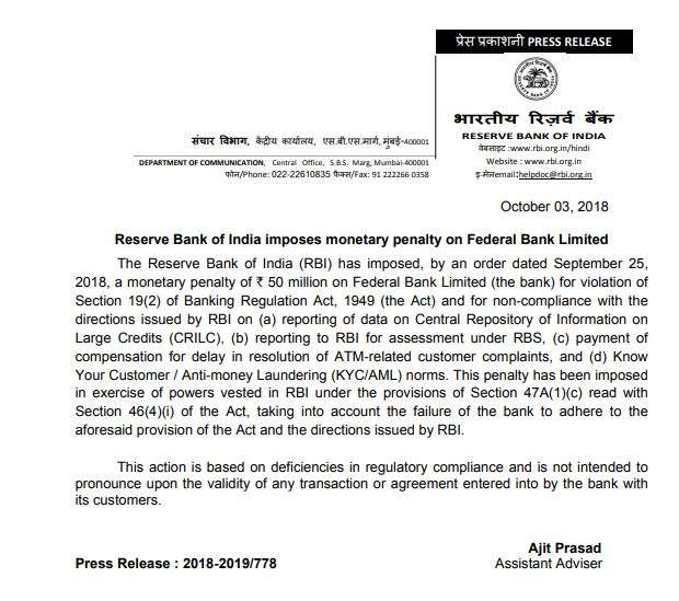 Reserve Bank of India imposes monetary penalty on Federal Bank Limited