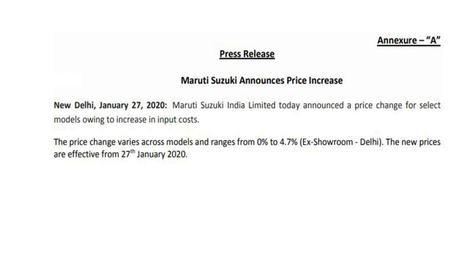 Maruti Suzuki announces price hike upto 4.7 percent