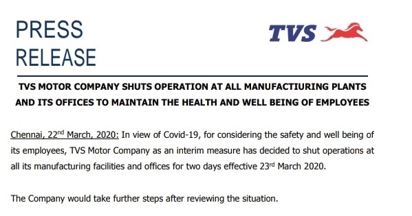 TVS Motor plants, shuts down