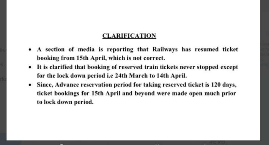 train reservations for journeys after 14th April were never stopped Railways clarify