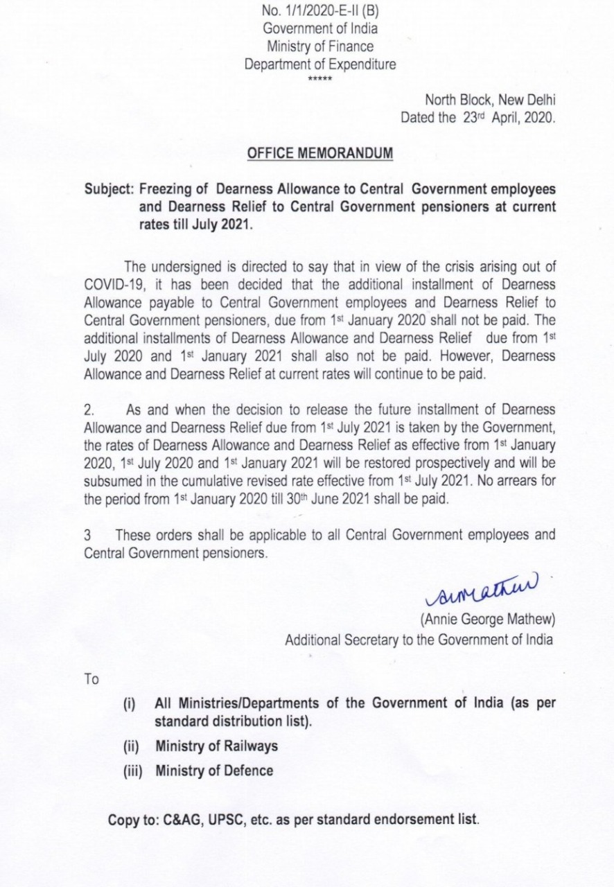 Dearness Allowance due payment from Jan 2020 stopped for Central Government Employees