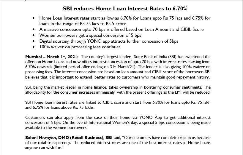 State Bank Of India Reduces Home Loan Interest Rate To 6.7percent