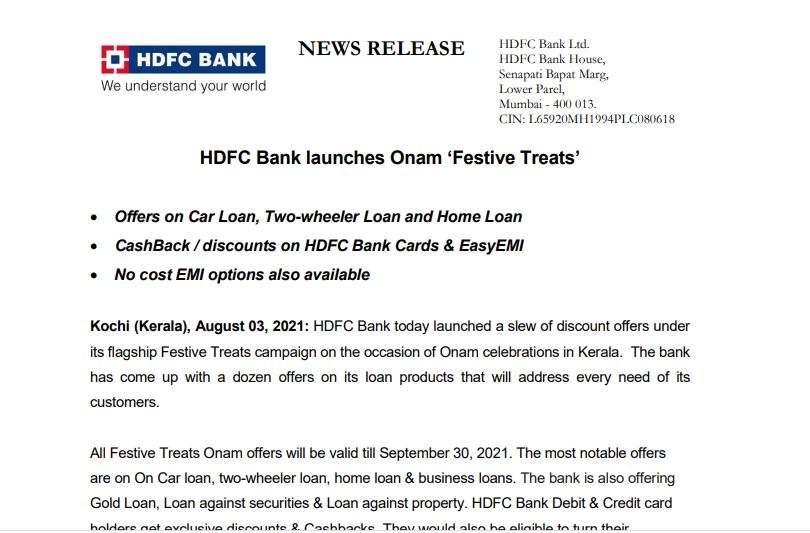 HDFC Bank launches Onam Festive Treats