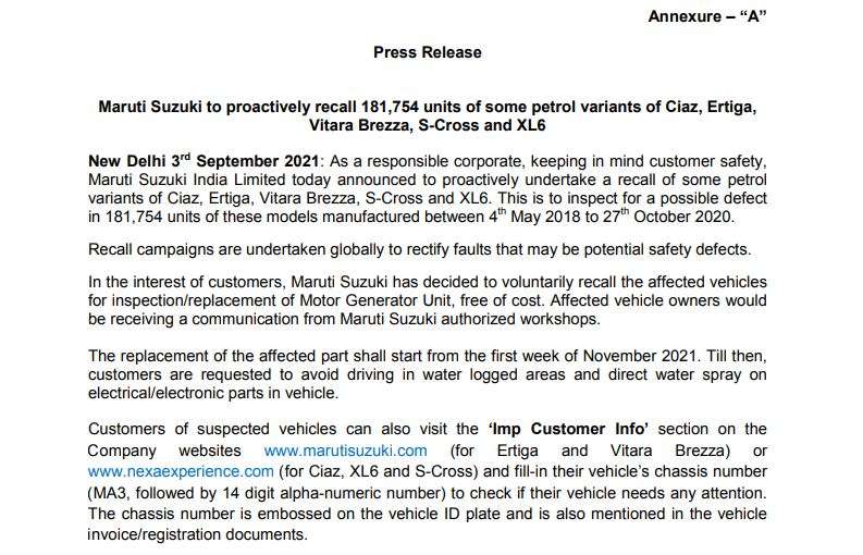 Maruti Suzuki recall 181754 units of some petrol variants