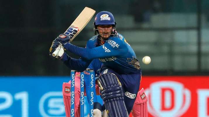 Mumbai Indians' Quinton de Kock bats against Rajasthan Royals 