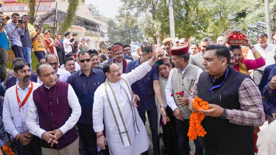 JP Nadda being welcomed on his arrival for a programme at the Himachal Pradesh University in Shimla