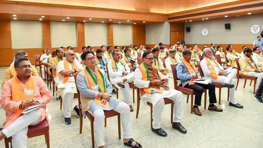 Union Ministers Kiren Rijiju, Giriraj Singh and other senior BJP leaders during a party meeting with