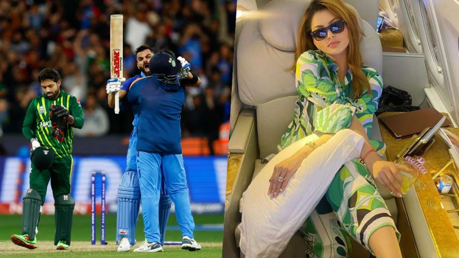 Urvashi Rautela shared the picture on Instagram (right), the moment of Team India's victory against Pakistan (left)