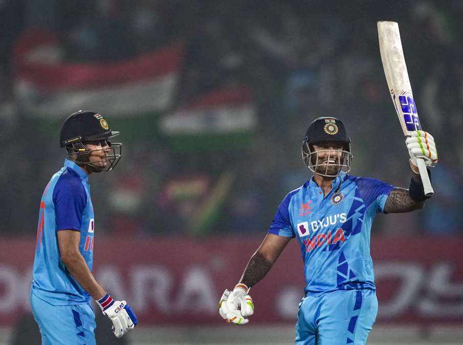 Suryakumar Yadav celebrates his T20I century against Sri Lanka
