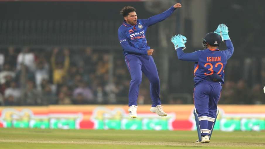 Kuldeep Yadav celebrates a wicket in third ODI against New Zealand 