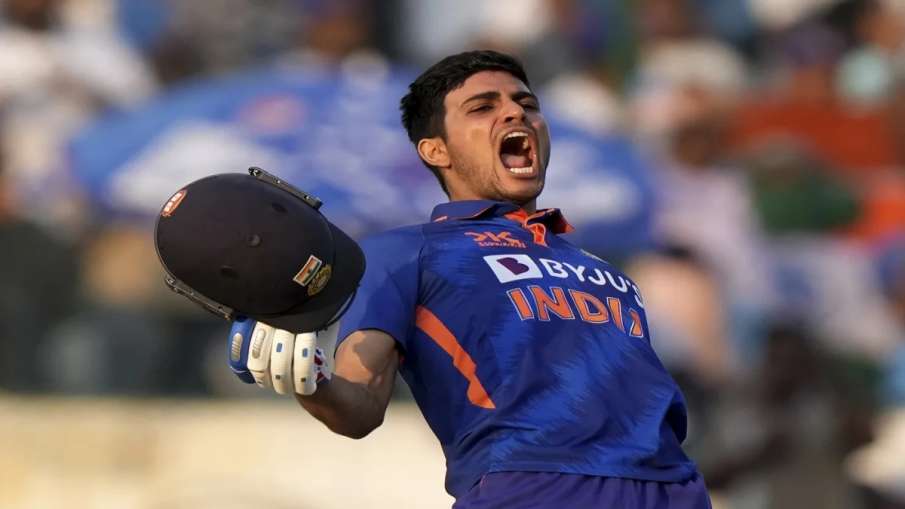 Shubman Gill celebrates his double century in the first ODI against New Zealand