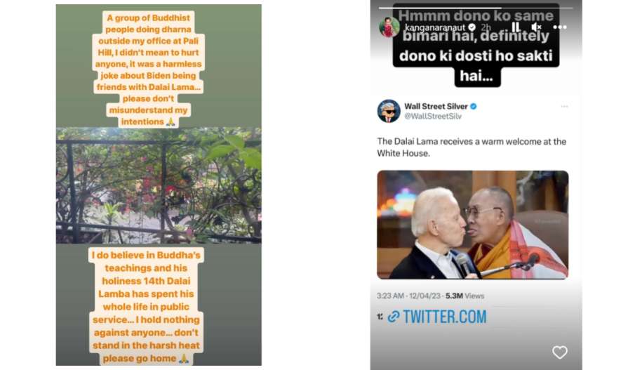 Kangana Ranaut apologises for making joe biden dalai lama joke after buddhists protesting outside ac