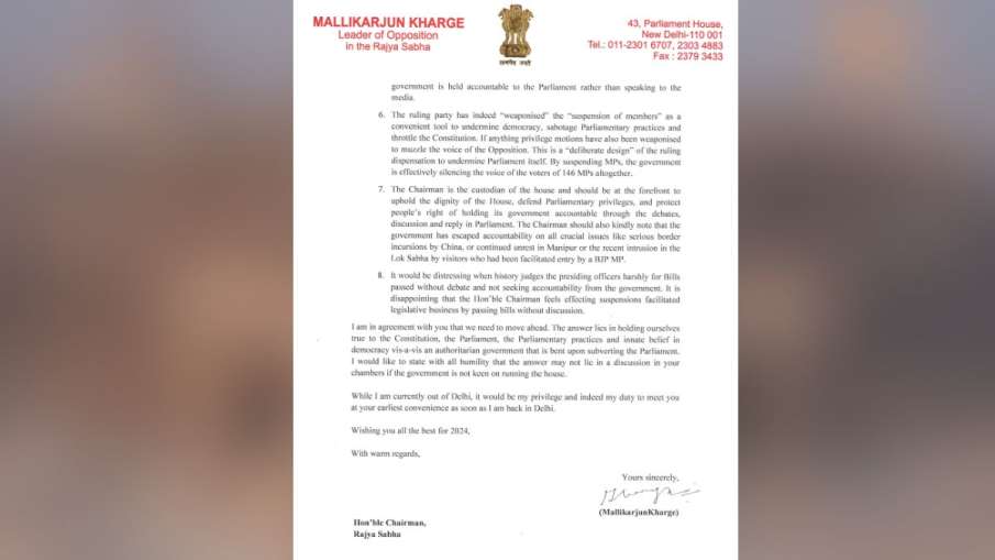 मल्लिकार्जुन खरगे ने उपराष्ट्रपति जगदीप धनखड़ को लिखी चिट्ठी