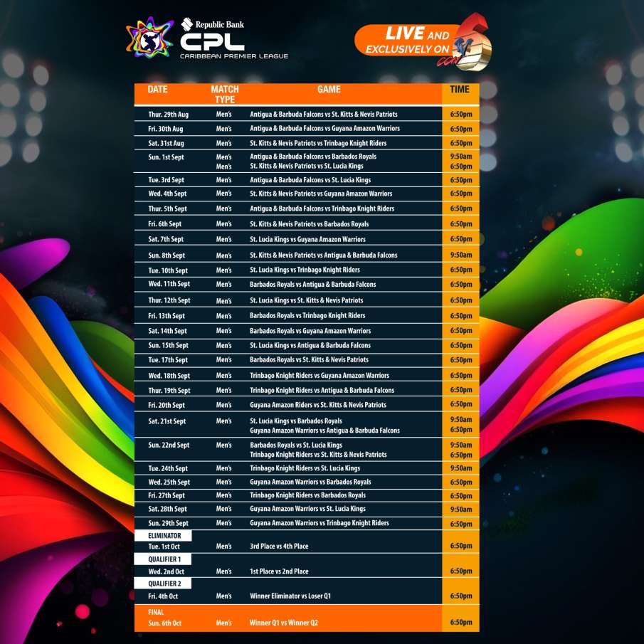 Cpl Cricket 2024 Schedule In Hindi Rheta Bettine