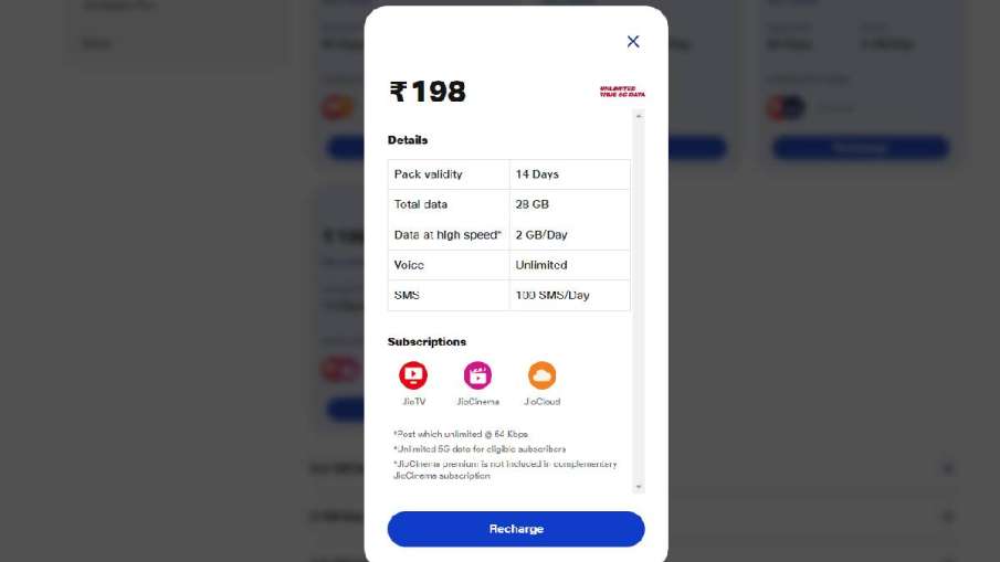रिलायन्स जिओ 198 रुपयांचा रिचार्ज प्लॅन