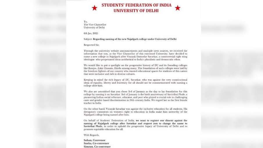 SFI द्वारा DU के कुलपति को लिखा गया पत्र