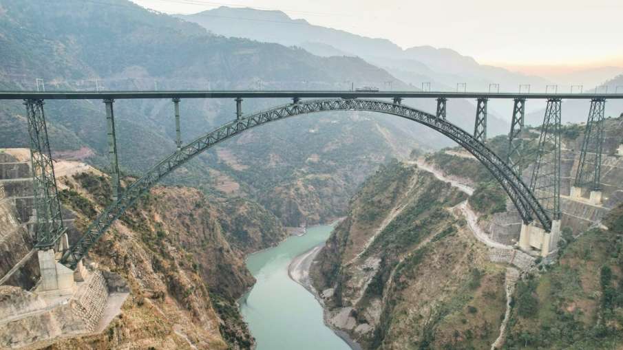 The world's highest rail arch bridge built on the Chenab River.