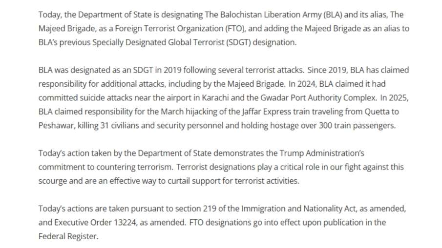 Statement of US State Department.