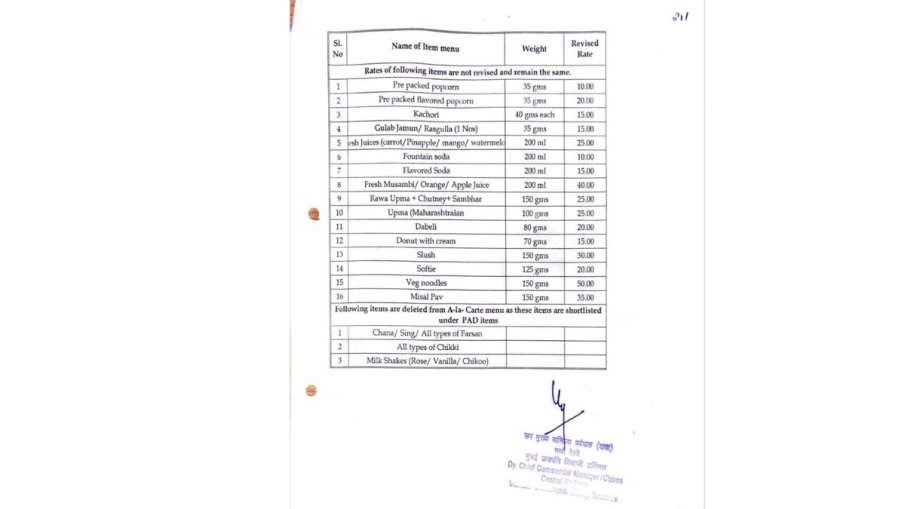 indian railways, central railway, irctc food rate list, irctc meal rate list, irctc food new rate li