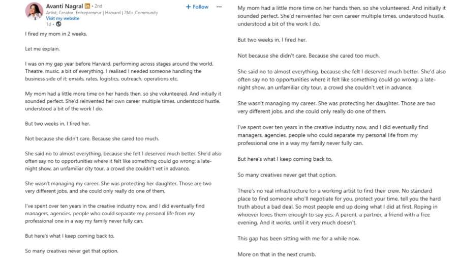 woman fired her mother, linkedin post viral, linkedin