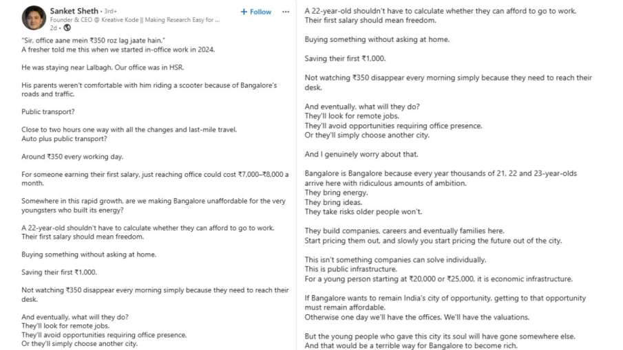 linkedin post viral, Bengaluru inflation viral post, Bengaluru, inflation