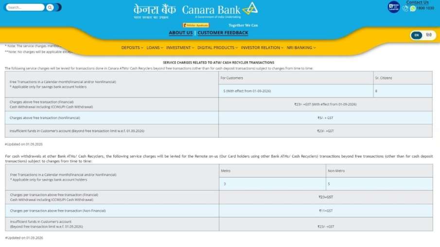 केनरा बैंक के नए ATM चार्ज