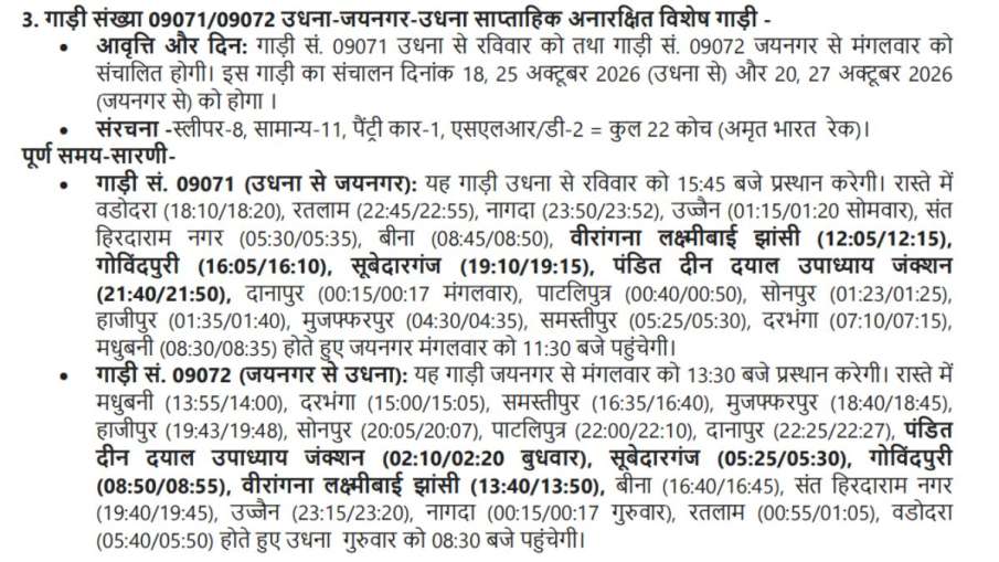 indian railways, special trains, amrit bharat express, jaynagar, udhna