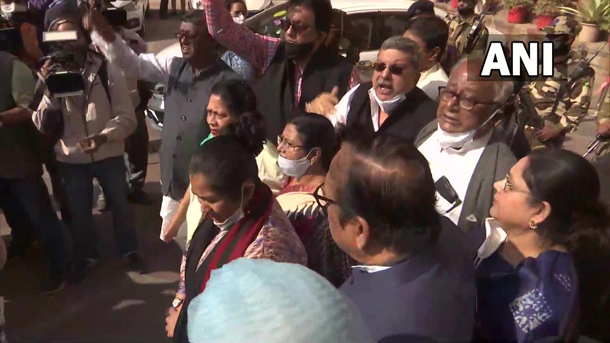 TMC MP protests outside home ministry demands suspension of Tripura ...
